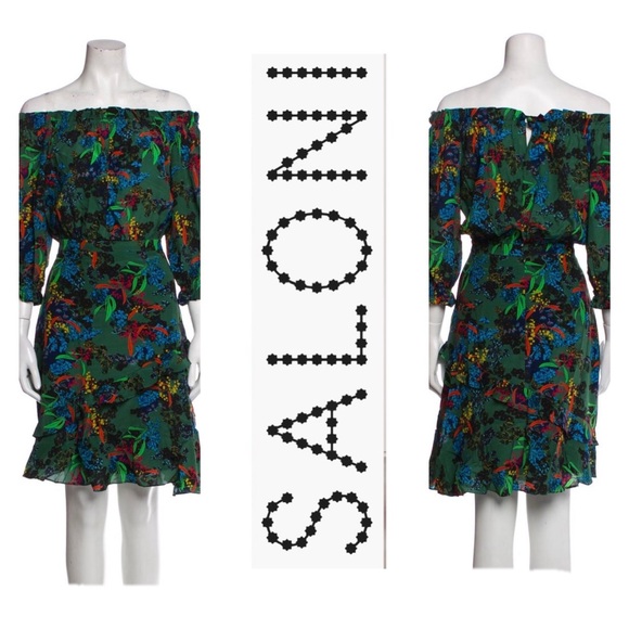 Saloni Silk Floral Print Ruffle Midi Dress Off Shoulder Size 4 Puffy 3/4 Sleeves - Picture 2 of 10